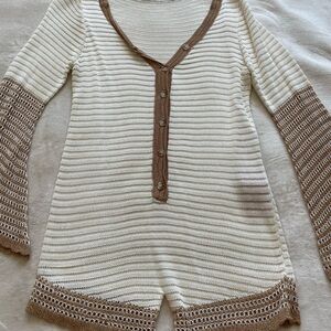 Cream and Brown Knit Button-Up Romper